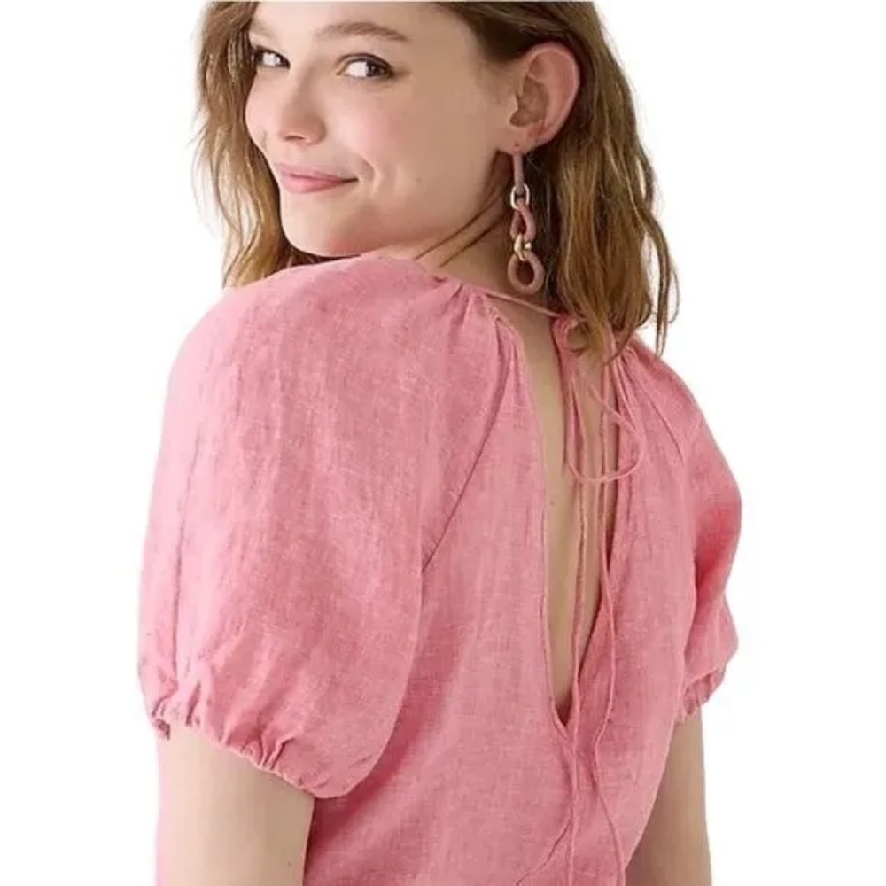 J Crew V-back Linen Top Blouse Pink Puff Short Sleeves Back Tie Button Front- 14 - Picture 3 of 12